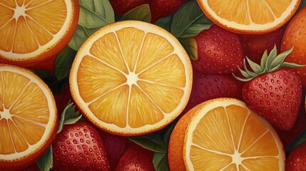 Wall Mural - Juicy oranges and strawberries background, healthy food