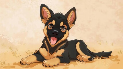 Wall Mural - Cute cartoon puppy lying on a grassy background, playfully smiling with bright, expressive eyes