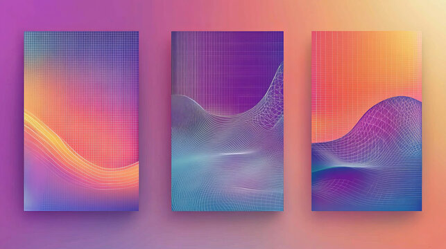 Set of retro futuristic y2k geometric posters. Vector realistic illustration of trendy retrowave flyers with 3D wireframe globe, torus, diamond shape elements and text on mesh landscape background
