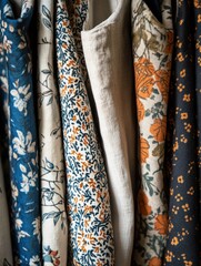 Poster - Close up of patterned fabrics showcasing floral and geometric designs with a blank area suitable for adding text. Generative AI