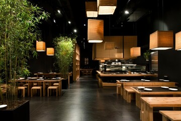 Poster - Serene dining area featuring wooden tables, indoor plants & cozy lighting at restaurant