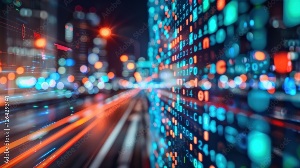 Blurred cityscape with glowing digital data streams in vibrant colors ...