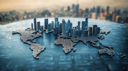 Digital world map made of binary code on a city background, global network concept