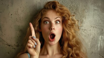 Wall Mural - Surprised young woman with curly hair expressing excitement against a textured wall, perfect for lifestyle or emotion themes