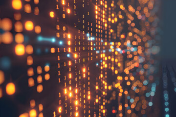 Poster - Abstract representation of binary data flowing in a digital environment with glowing lights and depth