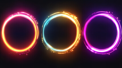 Poster - Optical halo flares with neon light vector effect set isolated on transparent background. Circle lens ring with glitter 3d digital design. Radiant speed motion design. Magic energy vortex with spark