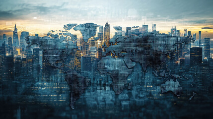 Digital world map made of binary code on a city background, global network concept
