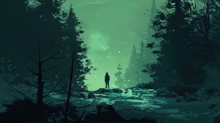 Wall Mural - A solitary figure stands amidst a misty forest, surrounded by towering trees and a serene, glowing atmosphere