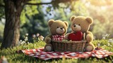 Adorable teddy bears enjoying a cozy picnic in a sunny garden setting surrounded by flowers