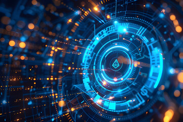 Poster - Futuristic digital abstract composition featuring glowing blue and orange circuits in a high-tech environment