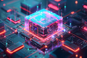 Poster - Futuristic digital circuit board with a glowing processor in a vibrant tech environment