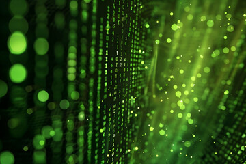 Poster - abstract representation of digital data flow with green binary code and glowing particles in motion