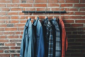 Aufkleber - Denim clothing collection hanging on rustic brick wall with space for text. Generative AI