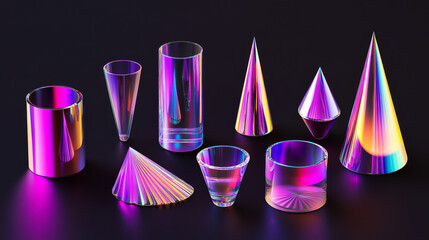 Poster - 3d abstract shape render. Holographic figure art. Isometric gradient geometric block isolated. Futuristic hologram ring, cone and cylinder geometry set. Minimal purple chrome creative solid model