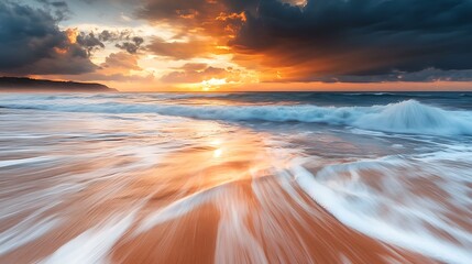 Canvas Print - Dramatic sunrise over ocean waves washing ashore on sandy beach.