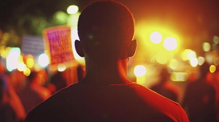 Man at night protest, city lights blurred background