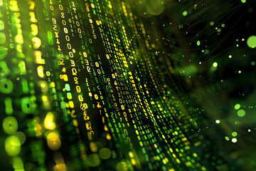 Poster - Abstract digital background with flowing green binary code, representing data processing and technology