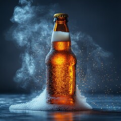 Leinwandbilder - An Icy Beer Bottle: Golden Liquid and Foamy Overflow, Enhanced by Condensation and Evaporation Creates a Mesmerizing Visual Display on a Dark Background.