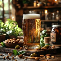 Leinwandbilder - A Refreshing Beer with Almonds and Olives: A Relaxing Break at the Bar with a Rustic Charm in this Cozy Setting.