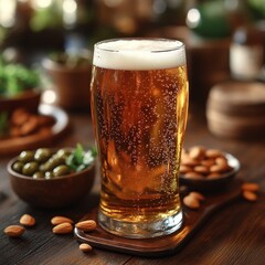 Poster - A Refreshing Craft Beer with Olives and Almonds: An inviting image of a glass of golden beer with a frothy head, paired with bowls of green olives and almonds on a rustic wooden table.