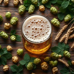 Leinwandbilder - Golden Lager Bliss: A Crisp Brew Surrounded by Fresh Hops and Wheat on Rustic Wooden Table, Celebrating Craft Beer Production and Refreshment.