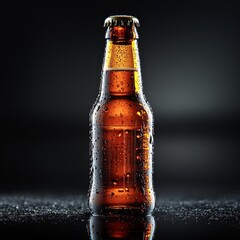 Leinwandbilder - Icy Refreshment: A Chilled Amber Beer Bottle with Condensation Drops, Reflecting on a Dark Surface, Promising a Crisp and Invigorating Experience.