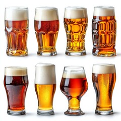 Leinwandbilder - Refreshing Beer Selection: Eight Glasses of Various Beer Styles with Frothy Head, Isolated on White Background, a Symphony of Amber Hues and Bubbles