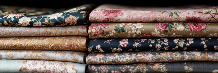 Poster - Close up of beautifully patterned fabrics with floral and geometric designs, perfect for crafting or home decor projects. Generative AI