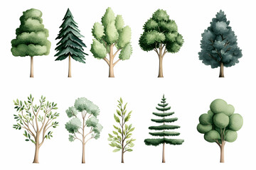 watercolor drawing of trees isolated on white background for botanical illustration generative ai