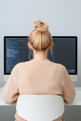 Woman coding at desk with monitor. Programming is happening in the background generative AI