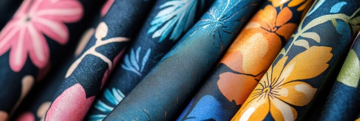Poster - Close up view of vibrant patterned fabrics showcasing floral and geometric designs perfect for creative projects or decor. Generative AI