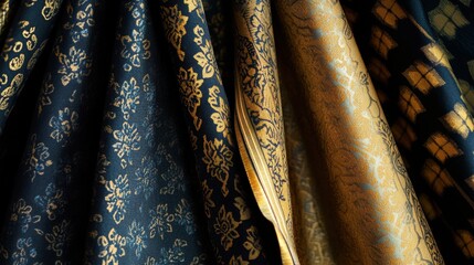 Leinwandbilder - Close up view of patterned fabrics showcasing intricate floral and geometric designs with space for creative text insertion. Generative AI