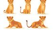 Lioness character in different poses. Vector cartoon set of african feline animal, wild cat sitting, standing and walking. Female lion character isolated on white background
