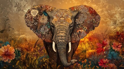 Aufkleber - Elegant elephant adorned with flowers in vibrant colors during a sunset in a lush environment. Generative AI
