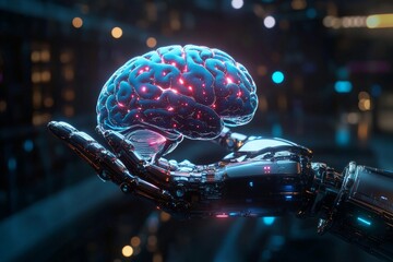 Poster - Futuristic robotic hand holding a glowing digital brain with neon lights, symbolizing artificial intelligence, technology, and human-machine interaction in a cyberpunk-style setting.