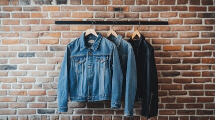 Poster - Denim jackets hanging on wooden hanger against rustic brick wall background for potential fashion inspiration. Generative AI