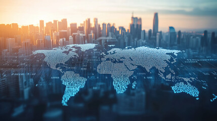 Digital world map made of binary code on a city background, global network concept