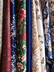 Leinwandbilder - Close up view of vibrant patterned fabrics showcasing floral and geometric designs with space for text. Generative AI