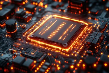 Poster - A close-up of an advanced AI microchip integrated into a circuit board, glowing with futuristic blue light. The image symbolizes artificial intelligence, machine learning
