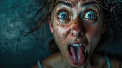 Wall Mural - Close-up of a surprised woman with wide eyes and a playful expression, showcasing her freckles in a dimly lit setting