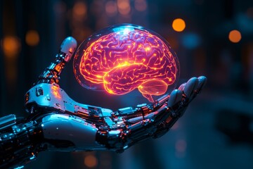 Poster - A futuristic robotic brain with glowing neural connections, symbolizing AI, machine learning, deep learning, and cognitive computing. Represents artificial intelligence and human-machine synergy.