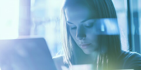 Fototapete - a woman entering data into her laptop, with a soft blur in the background and a focused, calm expression on her face, creating a quiet professional tone in the workspace.