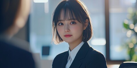 Fototapete - A mid-shot of a female leader presenting to her team, her confident and focused demeanor set against natural office lighting.