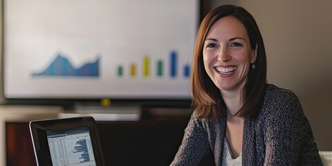 Fototapete - Portrait of a woman presenting data analysis insights with a laptop and digital chart in the background, her approachable smile showcasing her friendly and professional d