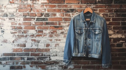 Poster - Denim jacket hanging against textured rustic brick wall with space for text. Generative AI
