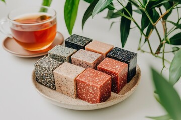 Wall Mural - Tea and colorful marble blocks arranged on a plate. Background leaves. Lifestyle