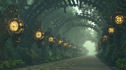 Wall Mural - Illuminated Quiet Walkway Surrounded by Lush Greenery and Fog