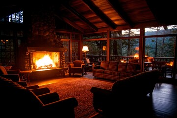 Sticker - Cozy cabin interior with a warm fireplace, furniture and trees outside