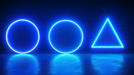 Poster - Blue neon light frames, empty banners with luminous effect isolated on transparent background. Glowing borders in circle, oval, square and triangle shape, vector realistic set
