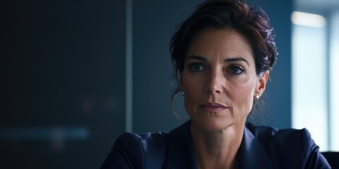 Aufkleber - A strategic session led by a female consultant in a boardroom, mid-shot framing her serious, focused expression enhanced by corporate cool-toned lighting.